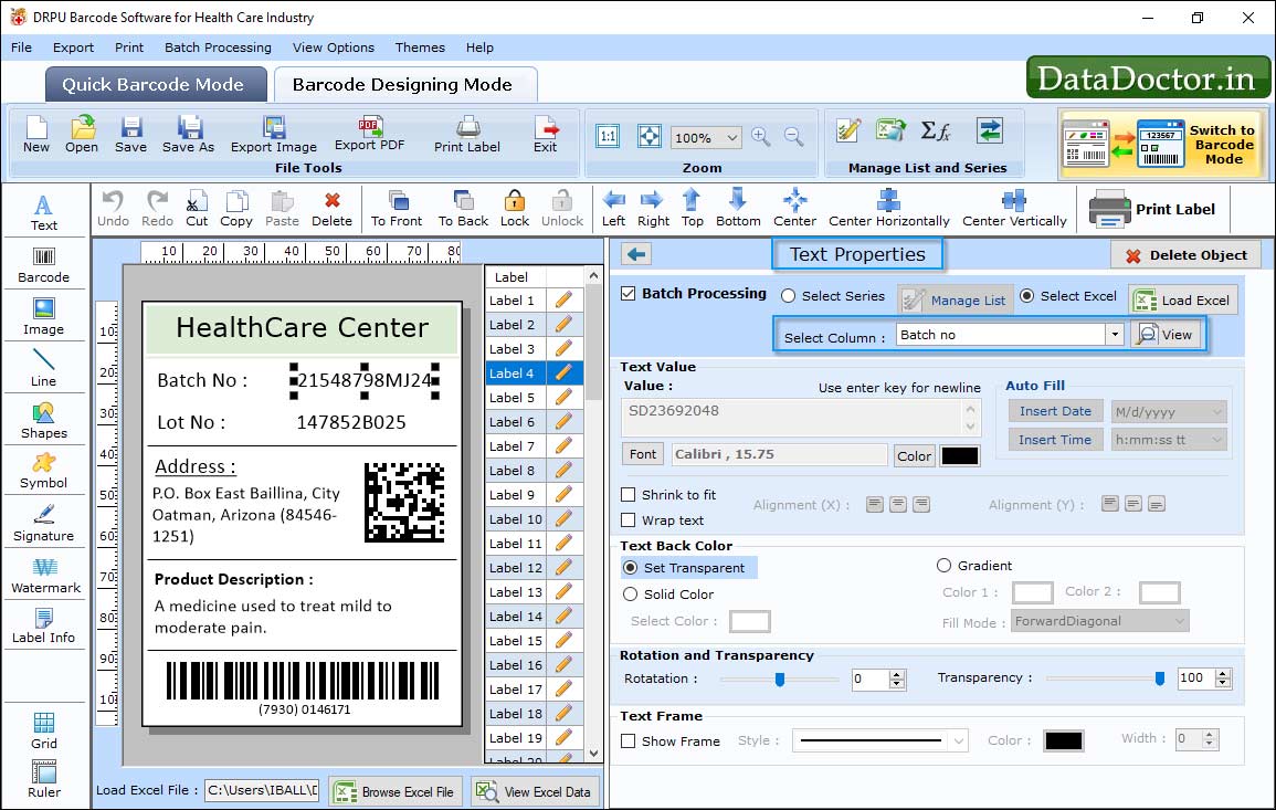 Barcode text properties