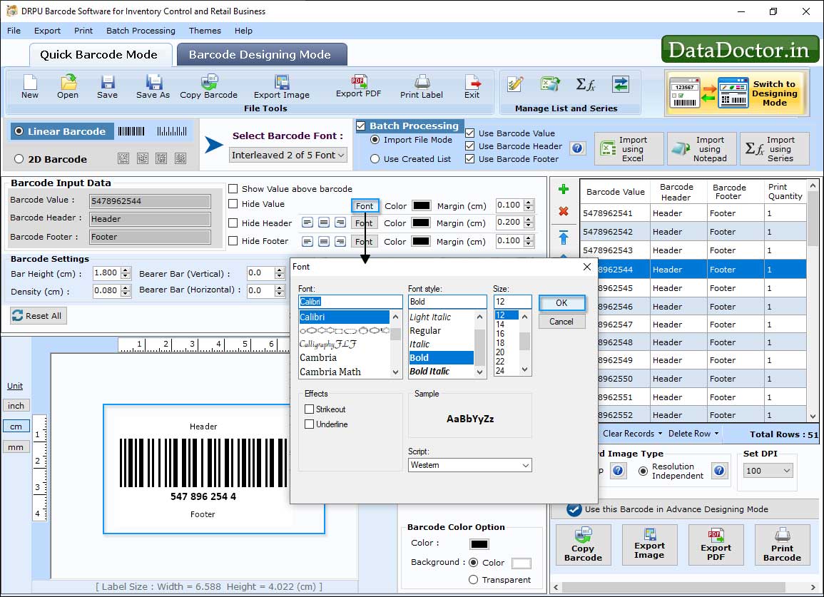 Barcode font settings